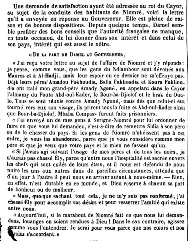 Lettre du Damel au Gouverneur publié le 12 janvier 1858 dans le Moniteur du Sénégal et des dépendances