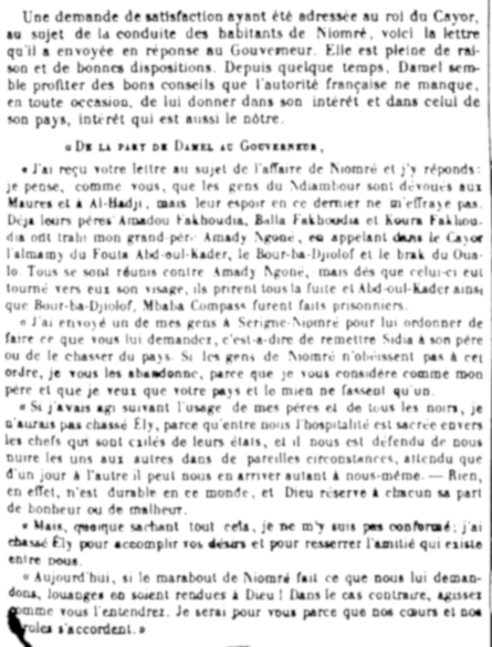 Lettre du Damel au Gouverneur publié le 12 janvier 1858 dans le Moniteur du Sénégal et des dépendances