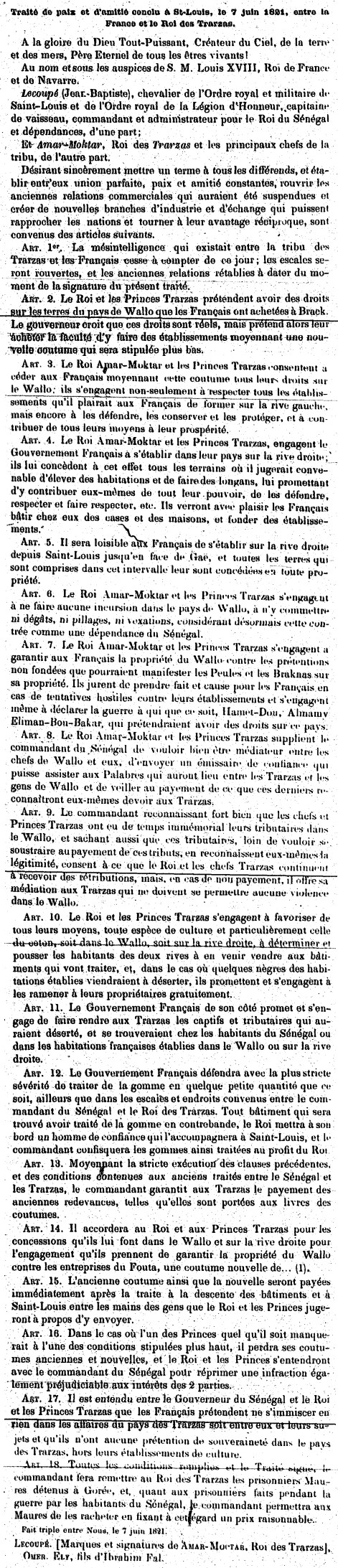 Traité de paix et d'amitié conclu à Saint-Louis le 7 juin 1821 entre la France et les Trarza