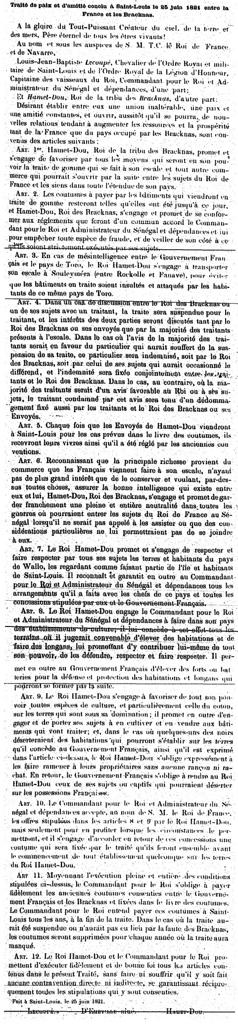Traité de paix et d'amitié conclu à Saint-Louis le 25 juin 1821 entre la France et les Braknas