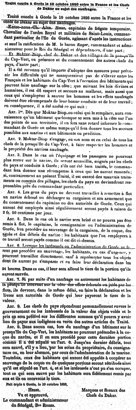 Traité conclu à Gorée le 10 octobre 1826 entre la France et les chefs de Dakar au sujet des naufrages