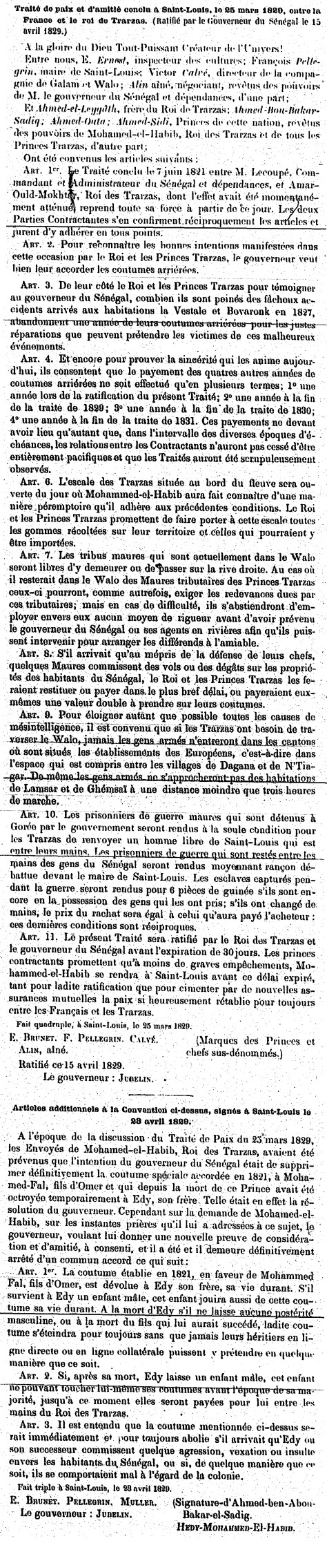 Traité de paix et d'amitié conclu à Saint-Louis le 25 mars 1829 entre la France et le roi de Trarza (ratifié par le Gouverneur du Sénégal le 15 avril 1829 et les articles additionnels signée à Saint-Louis le 23 avril 1829