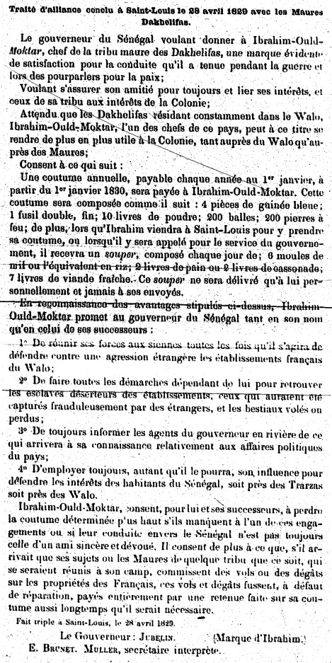 Traité d'alliance conclu à Saint-Louis le 29 avril 1829 avec les Maures Dakhelifas