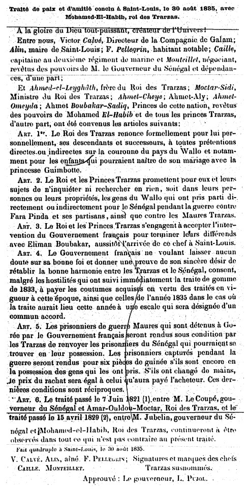Traité de paix et d'amitié conclu à Saint-Louis, le 30 août 1835, avec Mohammed-El-Habib, Roi des Trarza