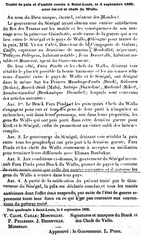 Traité de paix et d'amitié conclu à Saint-Louis, le 4 septembre 1835, avec les Rois et chefs du Wallo