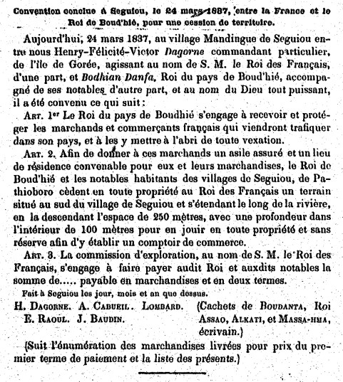 Convention conclue à Séguiou le 24 mars 1837, entre la France et le Roi de Boud’hié, pour une cession de territoire. 