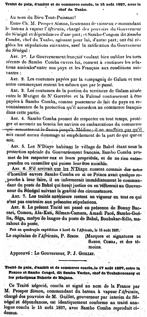 Traité de paix, d’amitié et de commerce conclu le 15 août 1837 avec le chef de Tuabo et du 17 août 1837, entre la France et Sambo Congol dit Samba Yacine, chef de Toubaboucaney et les principaux Bakeris de Majana. 