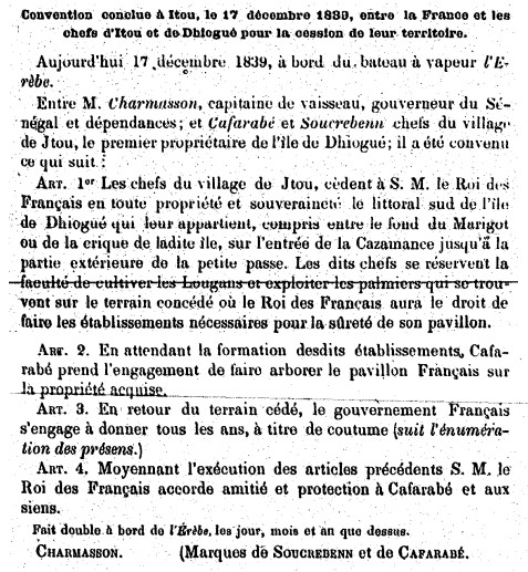 Convention conclu à Itou, le 17 décembre 1839, entre la France et les chefs d’ Itou et Dhiogué pour la cession de leur territoire