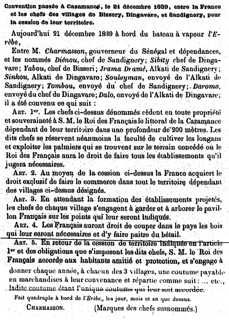 Convention passée en Cazamance, le 21 décembre 1839, entre la France et les chefs des villages de Bissery, Dingavare, et Sandignery, pour la cession de leur territoire