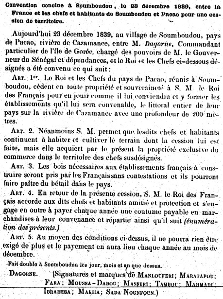 Convention conclue à Soumboutou, le 23 décembre 1839, entre la France et les chefs et habitants de Soumboudou et Pacao pour une cession de territoire