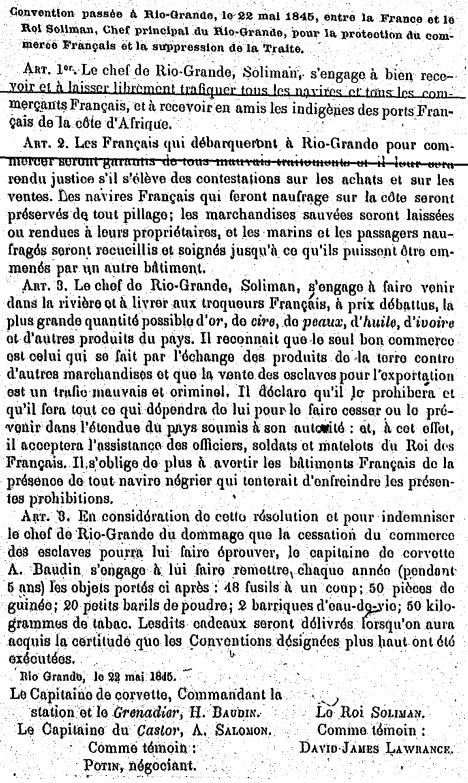 Convention passée à Rio-Grande, le 22 mai 1845 entre la France et le Roi Soliman, Chef principal de Rio-Grande, pour la protection du commerce Français et la suppressionde la Traite