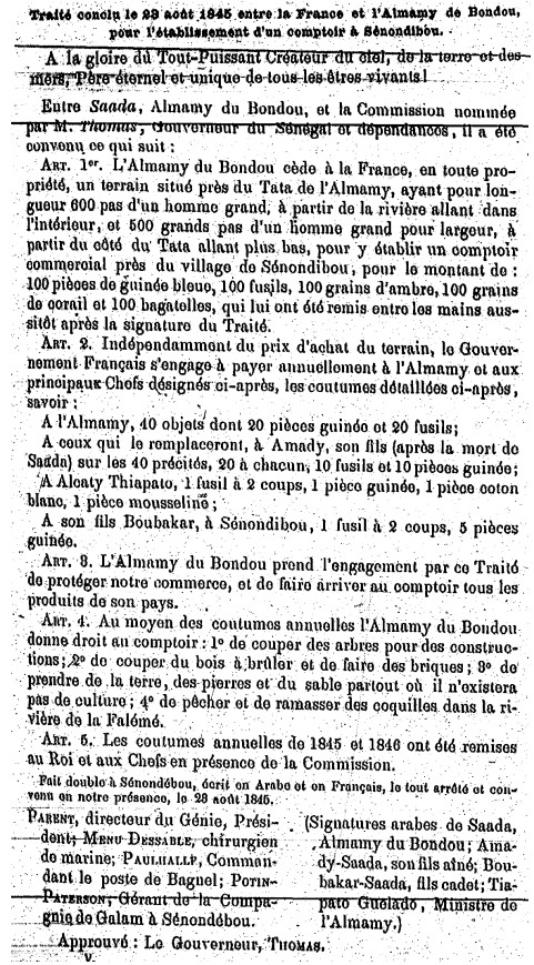 Traité conclu le 23 août 1845 entre la France et l’Almany de Bondou pour l’établissement d’un comptoir à Sénondibou