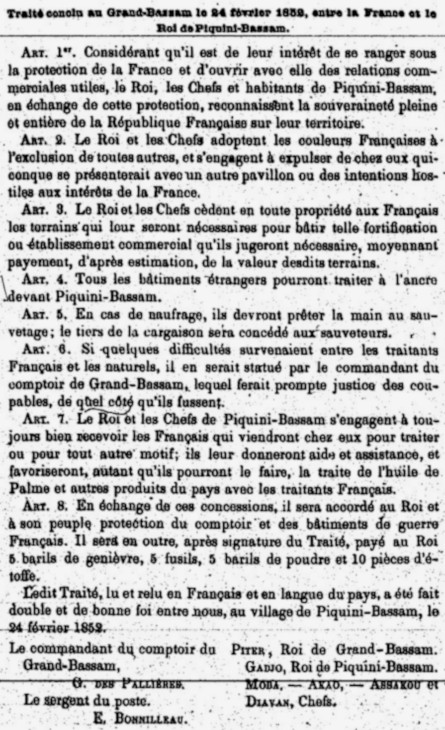 Traité conclu au Grand-Bassam le 24 février 1852, entre la France et le Roi de Piquini-Bassam