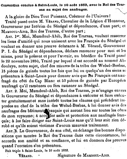 Convention conclu à Saint-Louis, le 10 août 1853, avec le Roi des Traza au sujet des naufrage