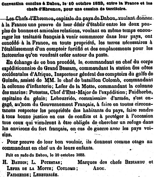 Convention conclue à Dabou, le 10 octobre 1853, entre la France et les chefs d'Ebremou, pour une cession de territoire.