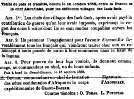 Traité de paix et d'amitié conclu le 10 octobre 1853, entre la France et le chef Akoudiaké, pour les différents villages de Iack-Iack.