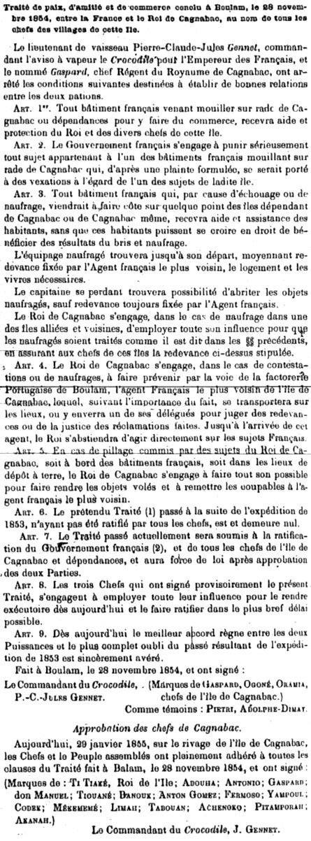 Traité de pâix, d'amitié et de commerce conclue à Boulam, le 28 novembre 1854, entre la France et le Roi de Cagnabac, au nom de tous les chefs de villages de cette île.