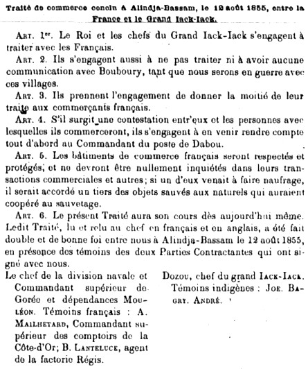 Traité de commerce conclue à Alindja-Bassam, le 12 août 1855, entre la France et le Grand Iack-Iack.