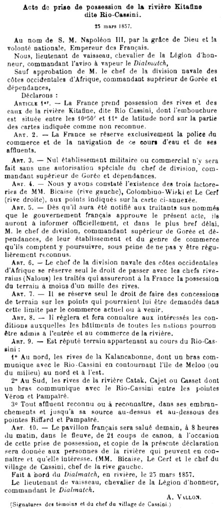 Acte de prise de possession de la rivière Kitafine dite Rio-Cassini, le 25 mars 1857.