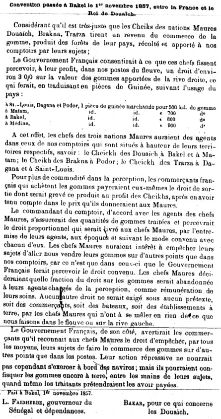 Convention passée à Bakel le 1er novembre 1857, entre la France et le Roi des Douaïch