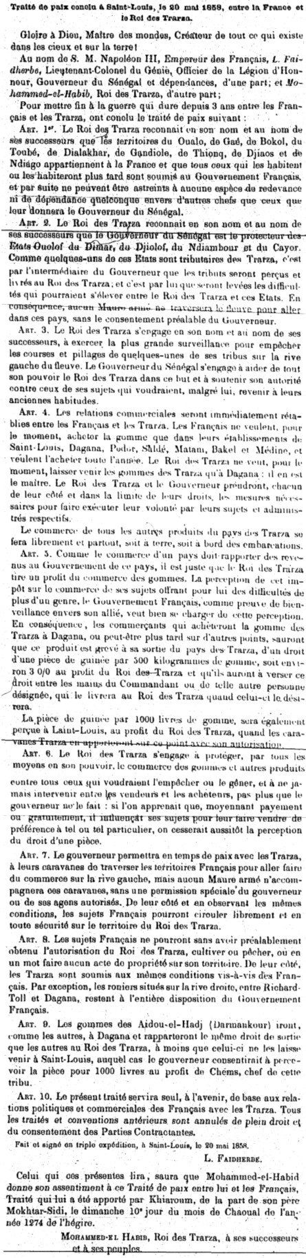 Traité de paix conclu à Saint-Louis le 20 mai 1858 entre la France et le Roi des Trarza.