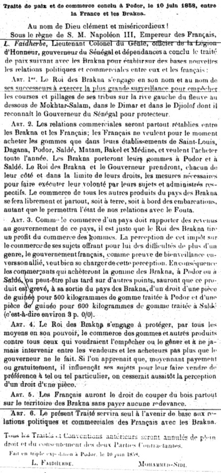 Traité de paix et de commerce conclu à Podor entre la France et les Brakna le 10 juin 1858.