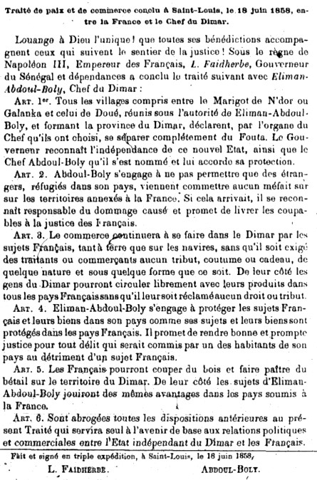 Traité de paix et de commerce conclu à Saint-Louis, le 18 juin 1858, entre la France et les Chef du Dimar.