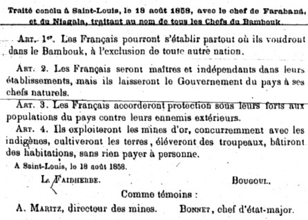  Traité conclu à Saint-Louis, le 18 août 1858, avec le chef de Farabana, et du Niagais, traitant au nom de tous les Chefs du Bambouk.