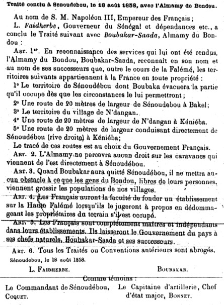 Traité conclu à Senoudebou, le 18 août 1858, avec l'almamy du Bondou.