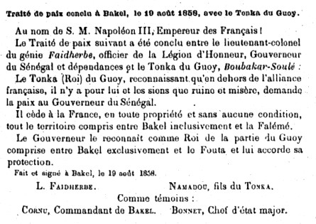 Traité de paix conclu à Bakel, le 19 août 1858, avec le tonka du Guoy.
