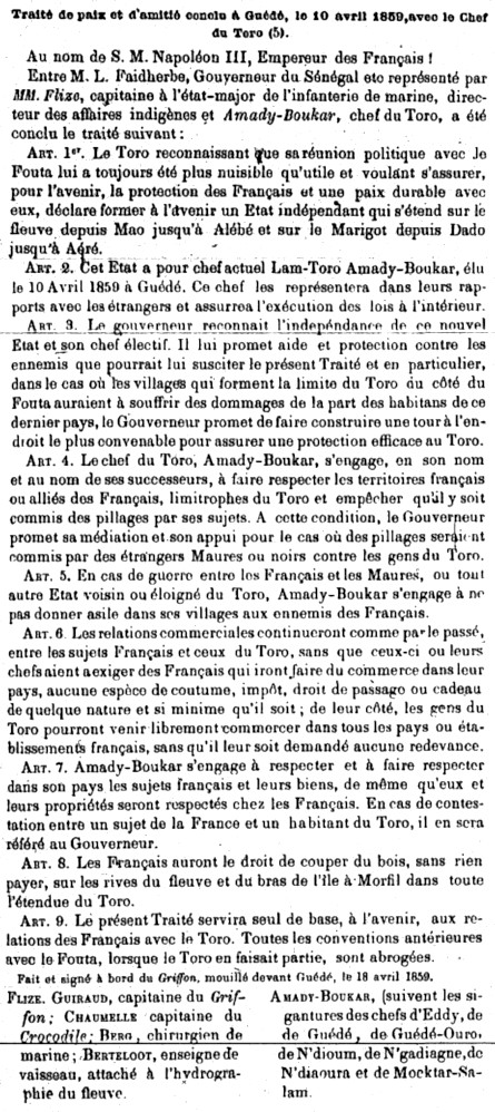 Traité de paix et d'amitié conclu à Guédé, le 10 avril 1859, avec le Chef du Toro.