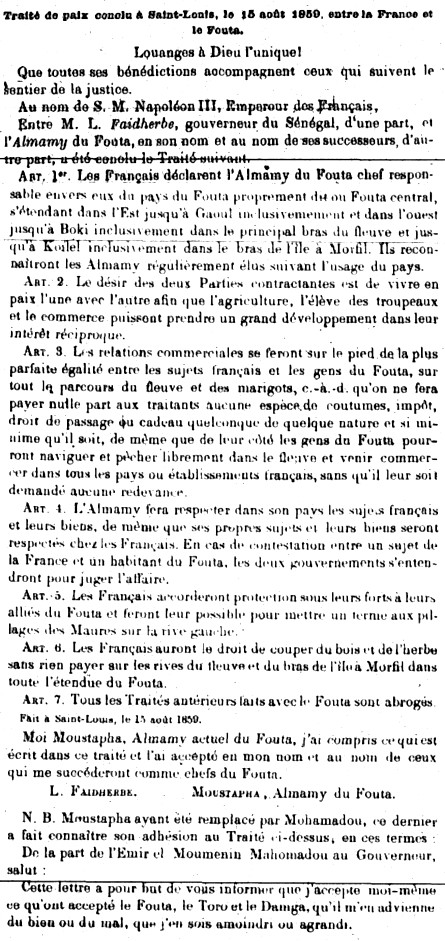 Traité de paix conclu à Saint-Louis, le 15 août 1859, entre la France et le Fouta.