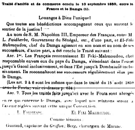 Traité d'amitié et de commerce conclu le 10 septembre 1859 entre la France et le Damga.