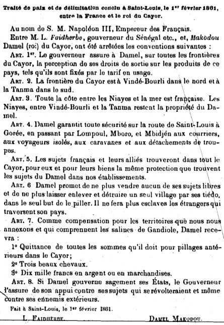 Traité de paix conclu entre la France et le roi du Cayor, le 1er février 1861.