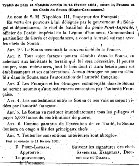 Traité de paix et d'amitié conclu le 14 février 1860, entre la France et les chefs du Souna (Haute-Casamance).