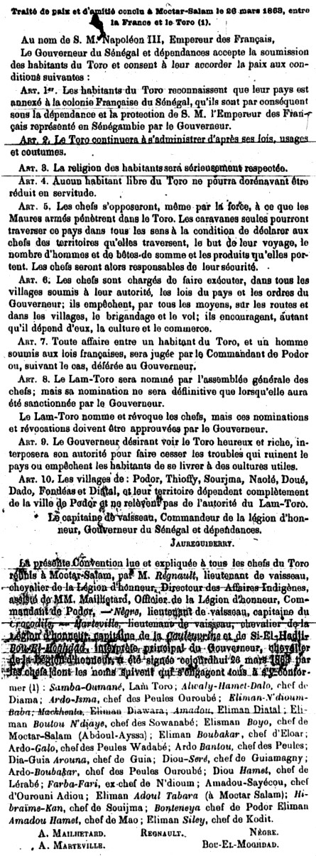 Traité de paix et d'amitié conclu à Moctar-Salam le 26 mars 1863, entre la France et le Toro.