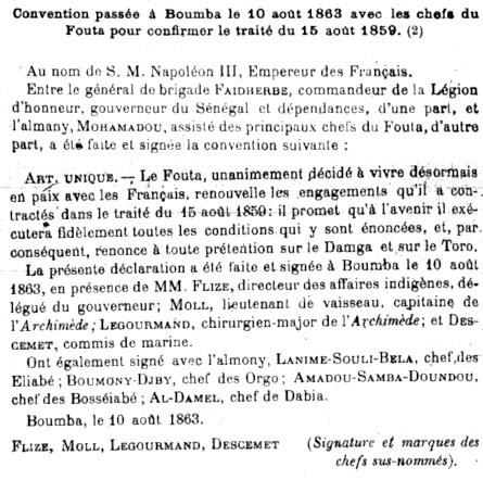 Convention passée à Boumba le 10 août 1963 avec les chefs du Fouta pour confirmer le traité du 15 août 1859.