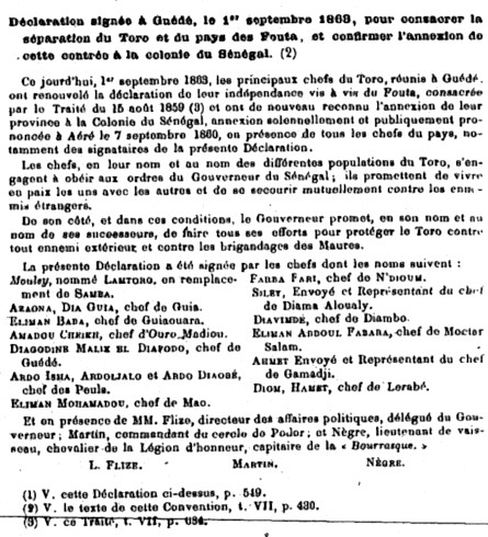 Déclaration signée à Guéré, le 1er septembre 1863, pour consacrer la séparation du Toro et de pays Fouta, et confirmer l'annexion de cettte contrée à la colonie du Sénégal.