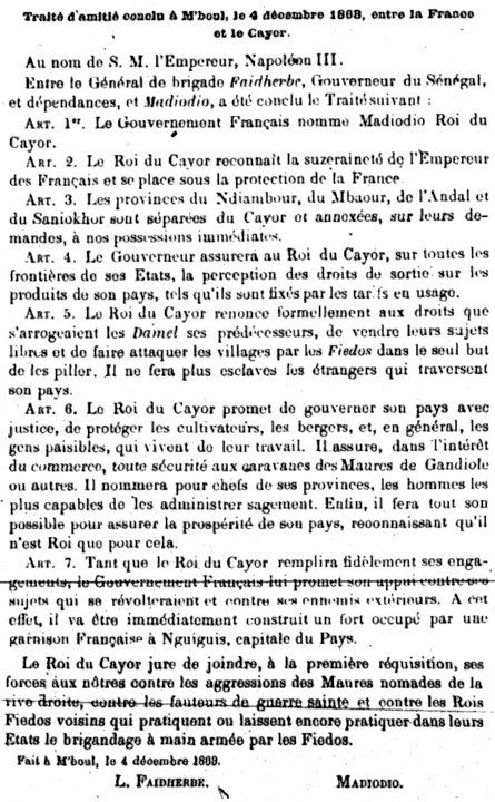 Traité d'amitié conclu à M'boul le 4 décembre 1963 entre la France et le Cayor.