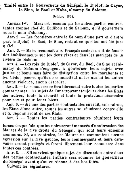Traité entre le Gouverneur du Sénégal, le Djolof, le Cayor. le Sine, le Baol et Maba, almamy du Saloum d'Octobre 1864.