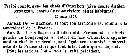 Traité conclu avec les chefs d'Ouonkou (rive droite du Songrougrou, entrée de cette rivière, et ses habitants), le 20 mars 1865.