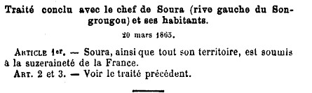 Traité conclu avec le chef de Soura (rive gauche du Songrougrou) et ses habitants. le 20 mars 1865.