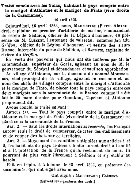 Traité conclu entre la France et les Yolas, habitant le pays compris entre le marigot d'Athioune et le marigot de Finto (rive droite de la Casamance), 16 avril 1865.