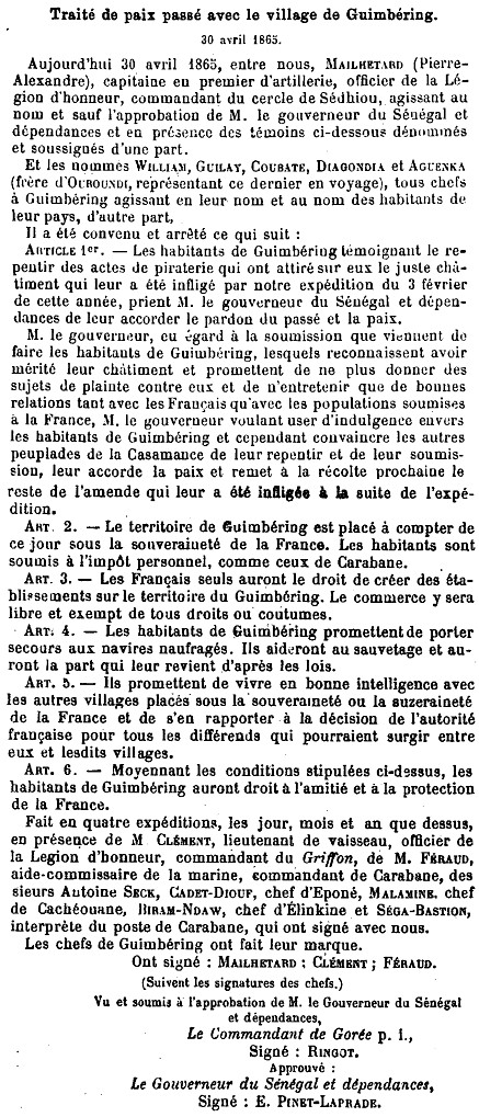 Traité de paix conclu entre la France et le village de Guimbéring, 30 avril 1865.