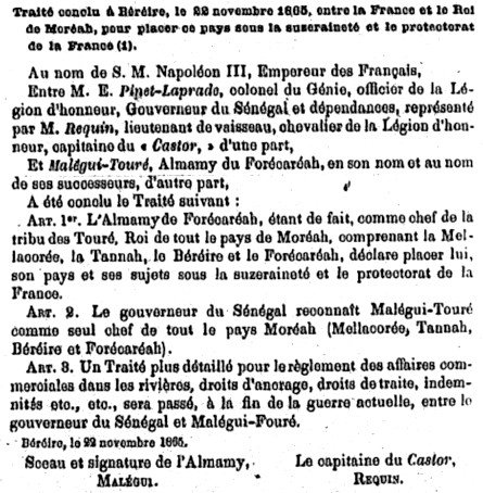 Traité conclu à Héréire le 22 novembre 1865, entre la France et le Roi de Moreah, pour placer ce pays sous la suzerainté de la France.