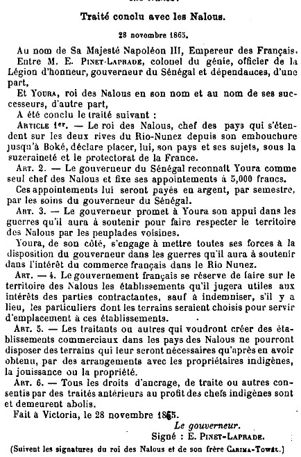 Traité conclu entre la France et les Nalous du  Rio Nunez, le 28 novembre 1865.