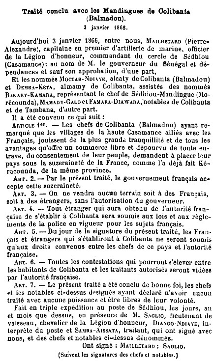 Traité conclu entre la France et les Mandingues de Colibanta (Balmadou), le 3 janvier 1866.