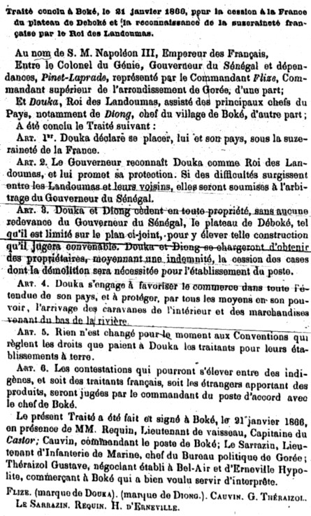 Traité conclu à Boké, le 21 janvier 1866 pour la cession à la France du plateau de Déboké et la reconnaissance de la suzerainété frnçaise par le Roi des Landoumas.