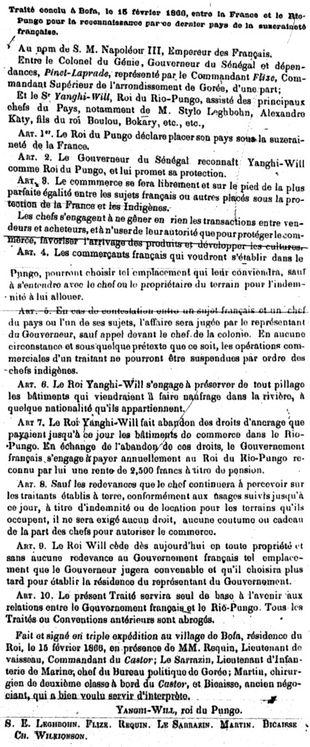 Traité conclu à Bofa, le 15 février 1866 entre la France et le Rio-Pongo pour la reconnaissance par ce dernier pays de la suzerainté française.
