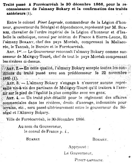 Traité passé à Forrécarréah le 30 décembre 1866, pour la reconnaissance de l'almamy Bokary et la confirmaion des traités antérieurs.